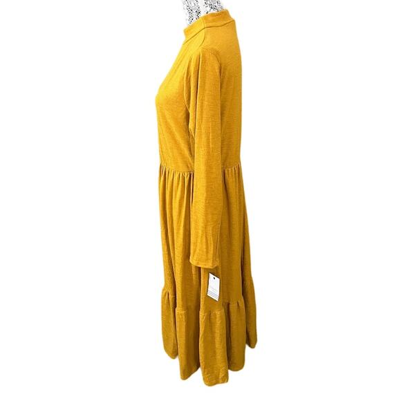 Ophelia Roe High Neck Yellow Tier Knit Long Sleeve Midi Dress / Size XL - Picture 2 of 5